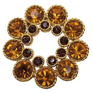 Golden Brown Topaz Rhinestone Brooch Circle Pin Vintage Flower Infinity Two Tone